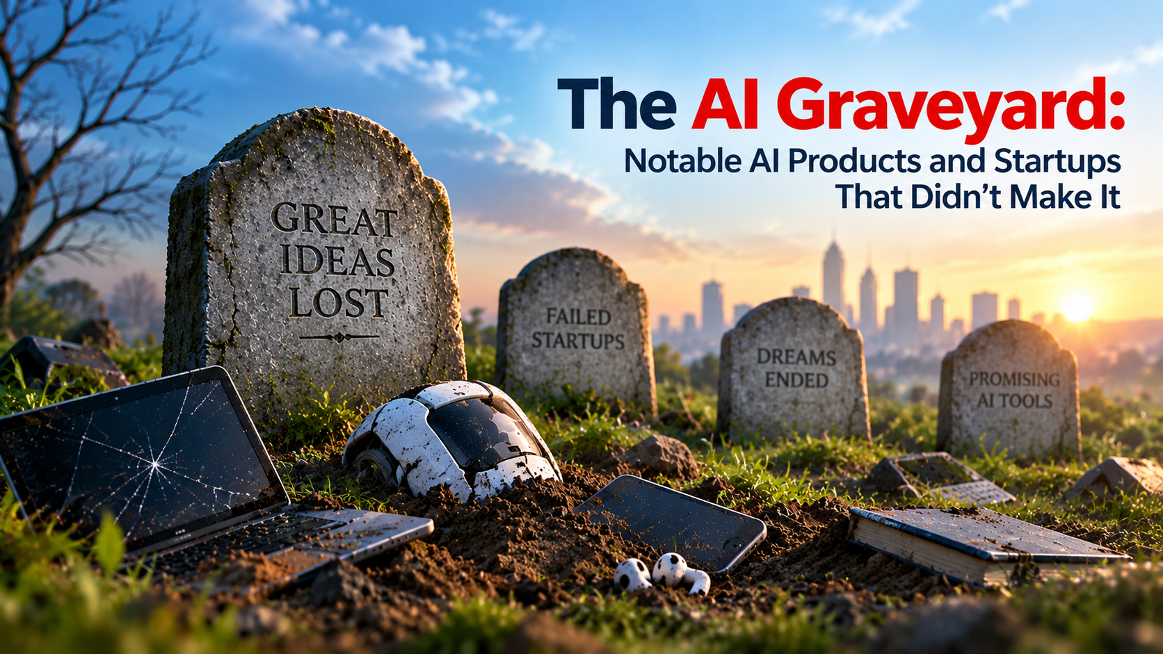 AI graveyard at sunset with abandoned technology, a broken robot head, discarded electronic devices, and tombstones representing failed AI products and startups.