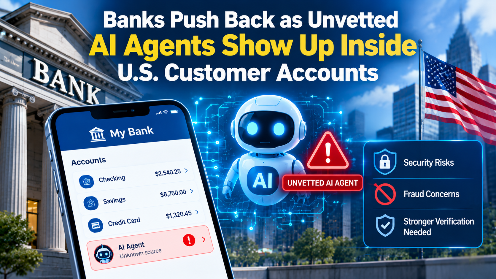 Illustration of unvetted AI agents appearing in U.S. customer banking accounts, highlighting security risks, potential fraud, and the need for stronger verification