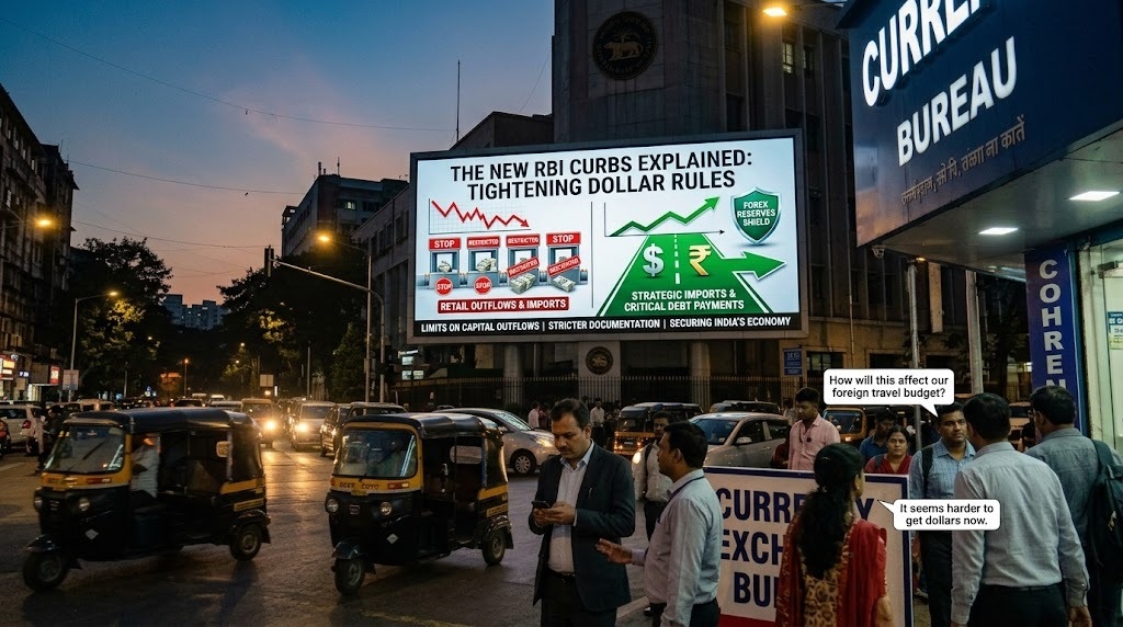 Digital billboard in India explaining new RBI curbs on dollar rules and foreign exchange measures