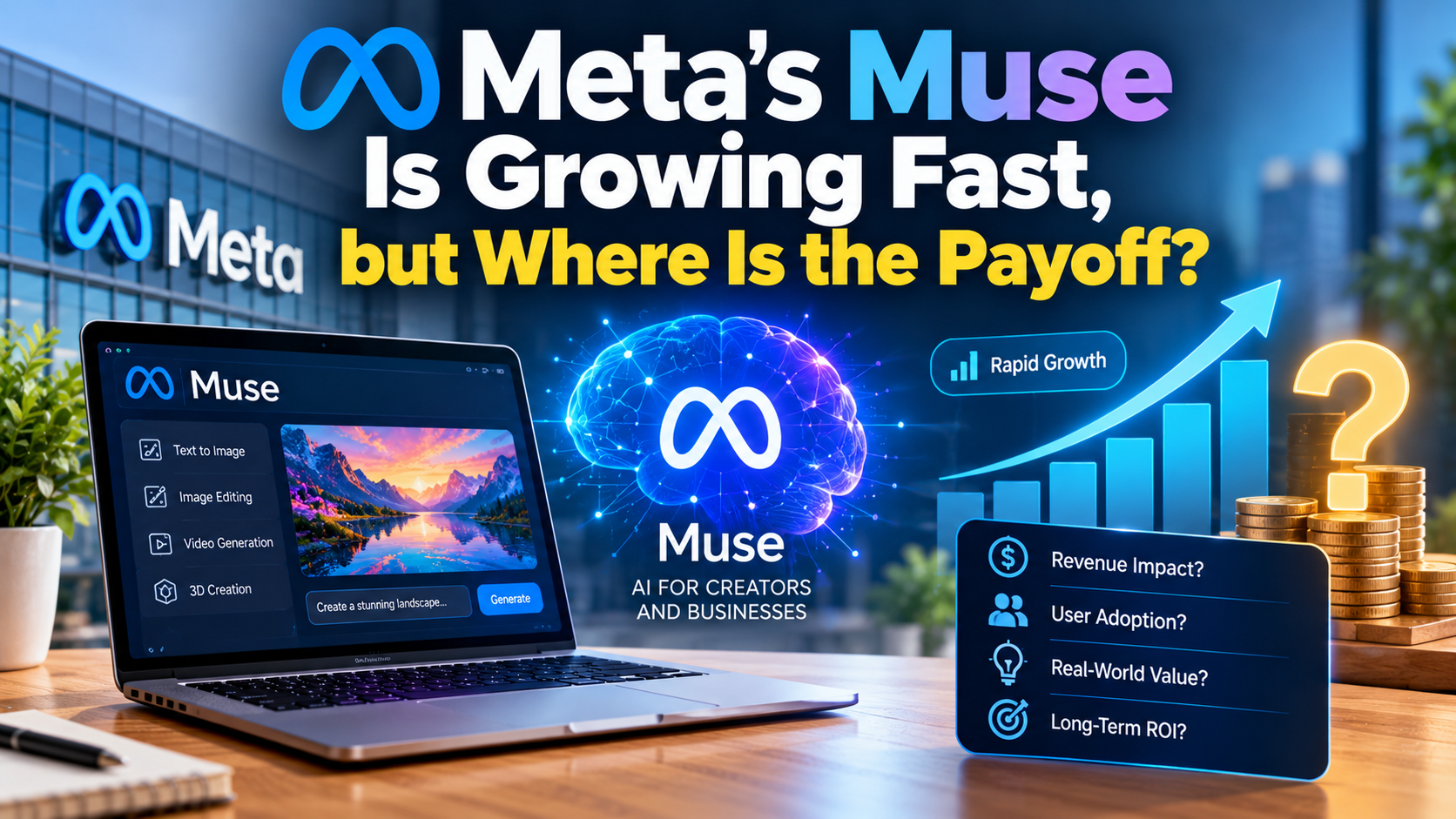 Meta’s Muse AI platform illustrated with creative AI tools, a rising growth chart, and revenue indicators highlighting questions about adoption, business value, and return on investment.