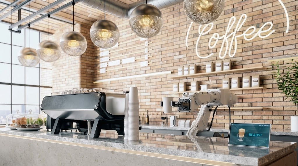 restaurant automation robotic coffee arm and digital ordering kiosk