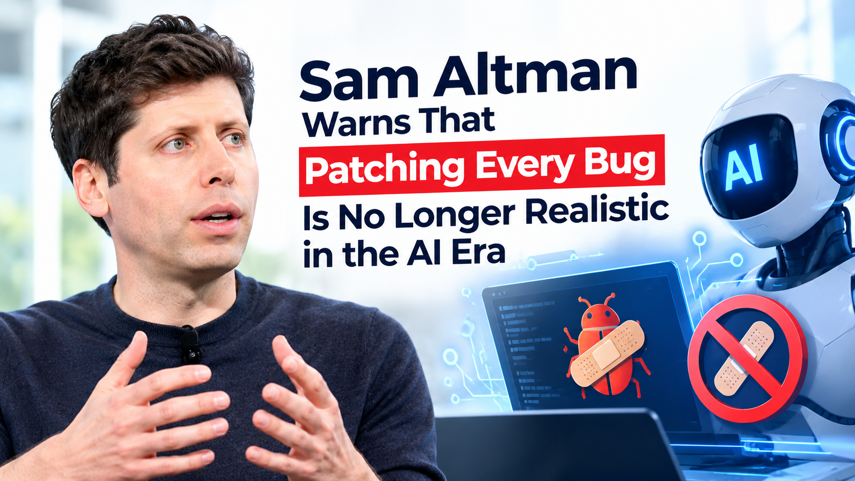 Sam Altman warns that patching every software bug is no longer realistic in the AI era, featuring AI technology, software bugs, and automated debugging concepts.