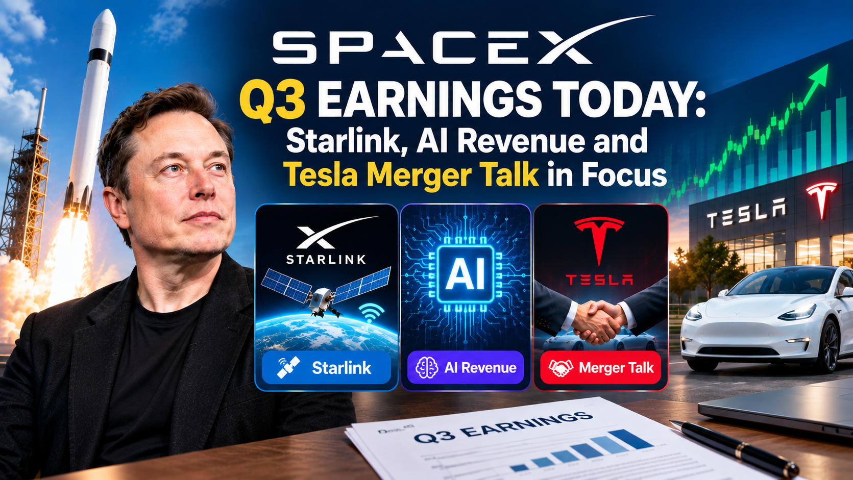 SpaceX Q3 earnings outlook featuring Elon Musk, Starlink satellite internet, AI revenue, a potential Tesla merger, and financial growth charts