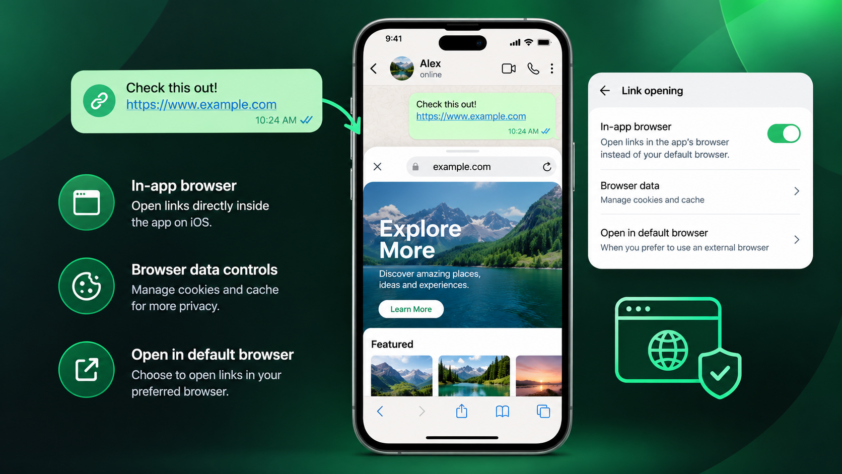 WhatsApp's upcoming iOS in-app browser showing links opening within chats, browser settings, cookie and cache controls, and an option to open links in the default browser.