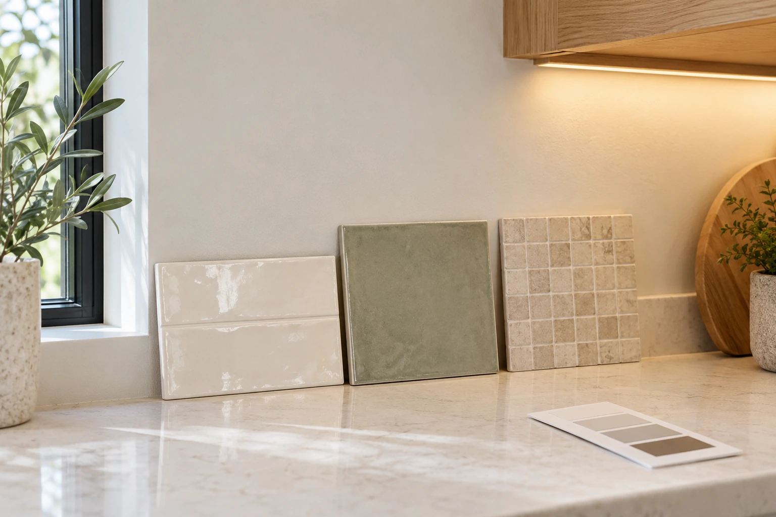 White, sage, and beige backsplash tile samples beside a countertop and oak cabinet White, sage, and beige backsplash tile samples beside a countertop and oak cabinet